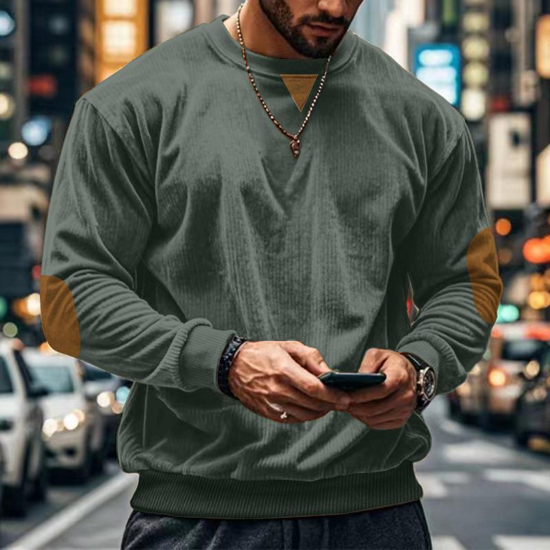 Pánské volné ležérní manšestrové tričko s kulatým výstřihem a dlouhým rukávem pro muže