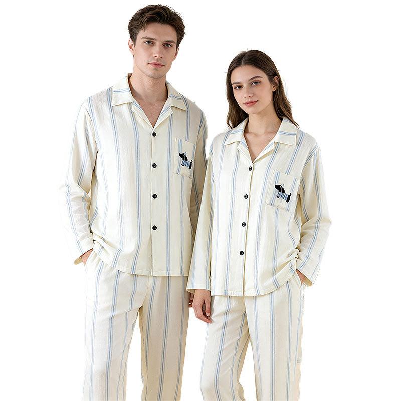 Couple pajamas women's autumn long-sleeved cotton boys lapel cardigan autumn loungewear striped suit