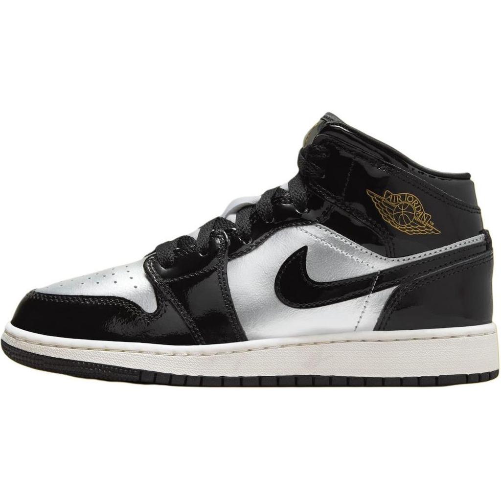 Air Jordan 1 Mid SE GS Black Metallic Silver Kids Sneakers Metallic-Gold Sail Pure-Platinum FZ3938-001