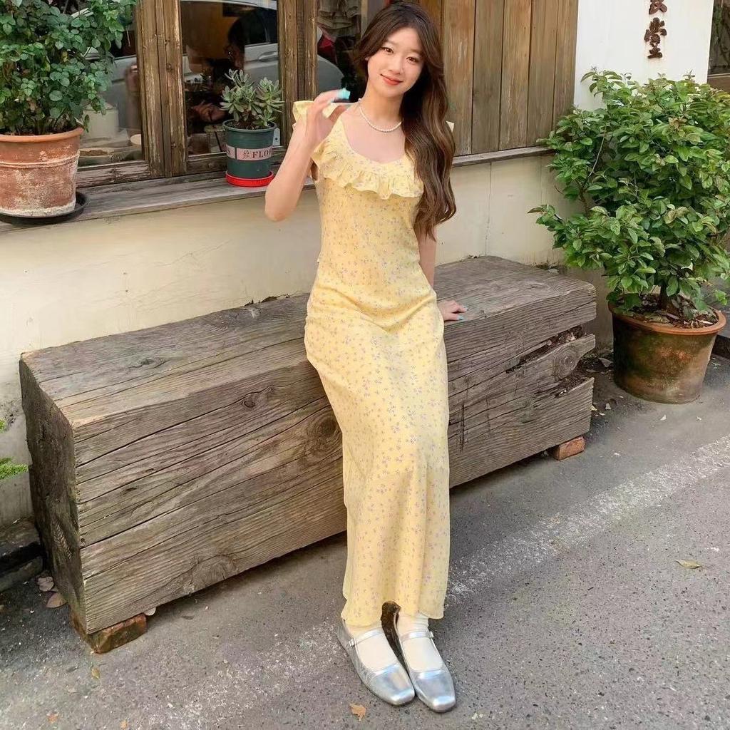 French retro floral dress medium and long temperament holiday square collar A-shaped skirt skirt women's summer new long dress
