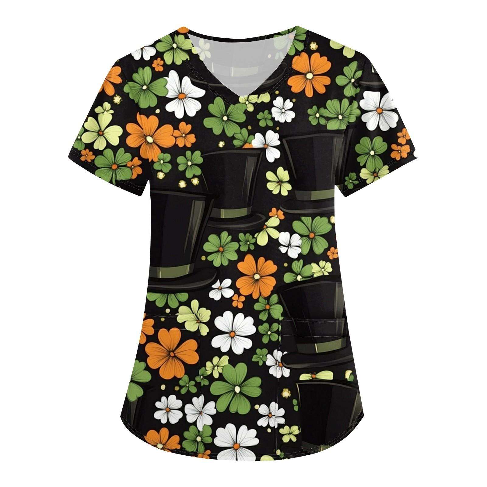 Women s Fashion V-neck Short-sleeved Work Clothes With Pockets St. Patrick Print Top  Wear XXL