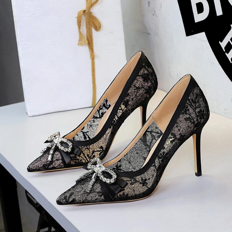 

Pointed Toe Stilettos High Heels With Lace Mesh Rhinestone Bow Knot Elegant Dress Pumps Fashion Party Wedding Shoe Spring Autumn 34