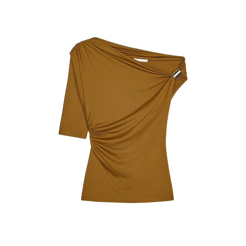 Spring New Women's Clothing European and American Leisure Easiest for Match Nylon off-Shoulder Asymmetric Design Tops 1026164