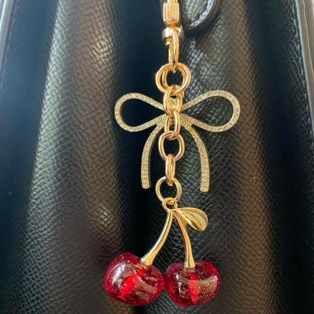 Fashion Delicious Red Cherry Bow Keychain Summer Fruits Cherries Pendant Keyring For Women Men Jewelry Bag Accessories Gift
