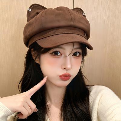 Cute and Sweet Cat Ears Suede Newsboy Hat Children Spring and Autumn New Octagonal Hat Fashion Painter Hat Tide