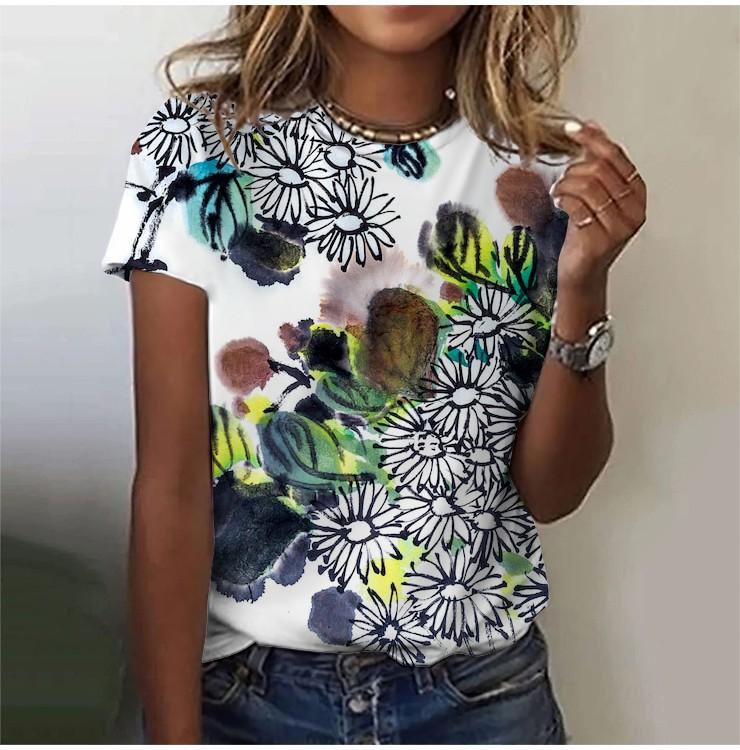 2025 Casual Sports Women's T-shirt Summer New Style Garden Collar Short Sleeve Fresh Floral Loose Lightweight Fabric Casual