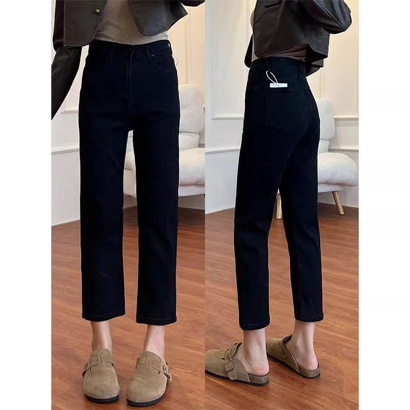 

High-Waisted Black Velvet-Lined Denim Pants for Women - Petite & Plus Size, Autumn/Winter Style, Slimming Straight-Leg Design 3XL (recommended for 155-165 lbs)
