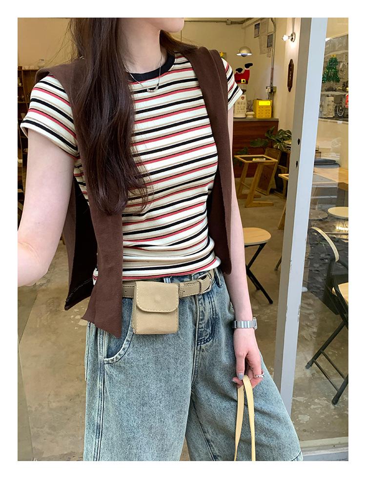 Women's American Retro Color Block Striped T-Shirt - 2025 Korean Style, Versatile Slim Fit, Round Neck