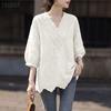 ZANZEA Women Hollow Lace Splice V-Neck Loose Casual 3/4 Sleeve Blouse