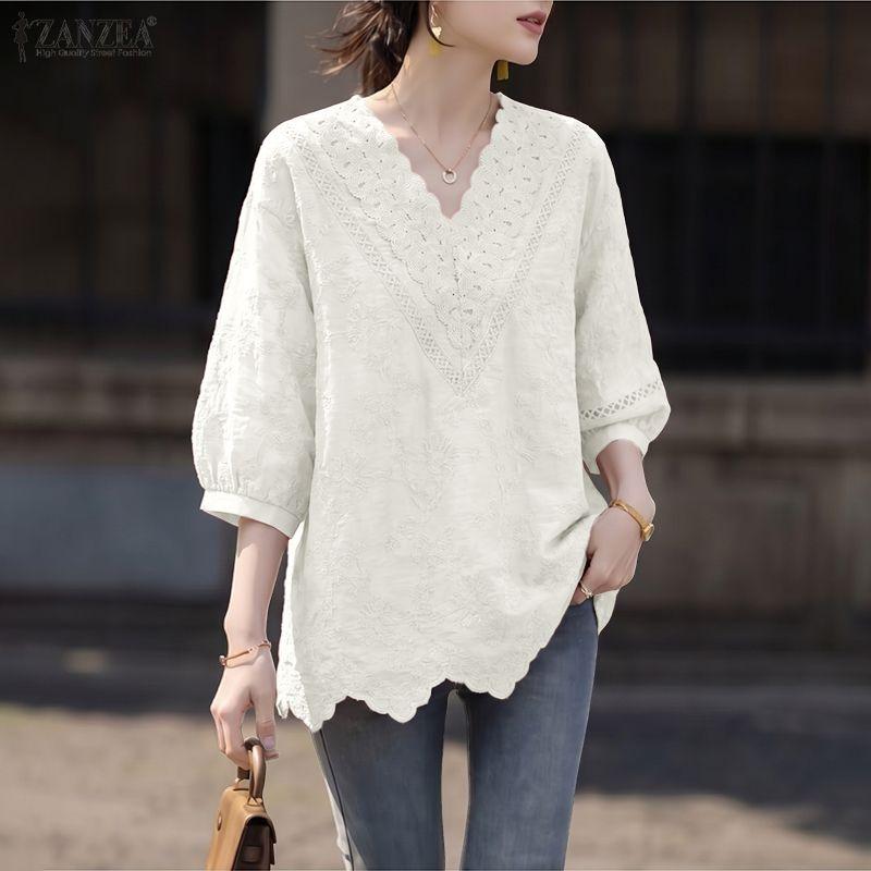 ZANZEA Women Hollow Lace Splice V-Neck Loose Casual 3/4 Sleeve Blouse