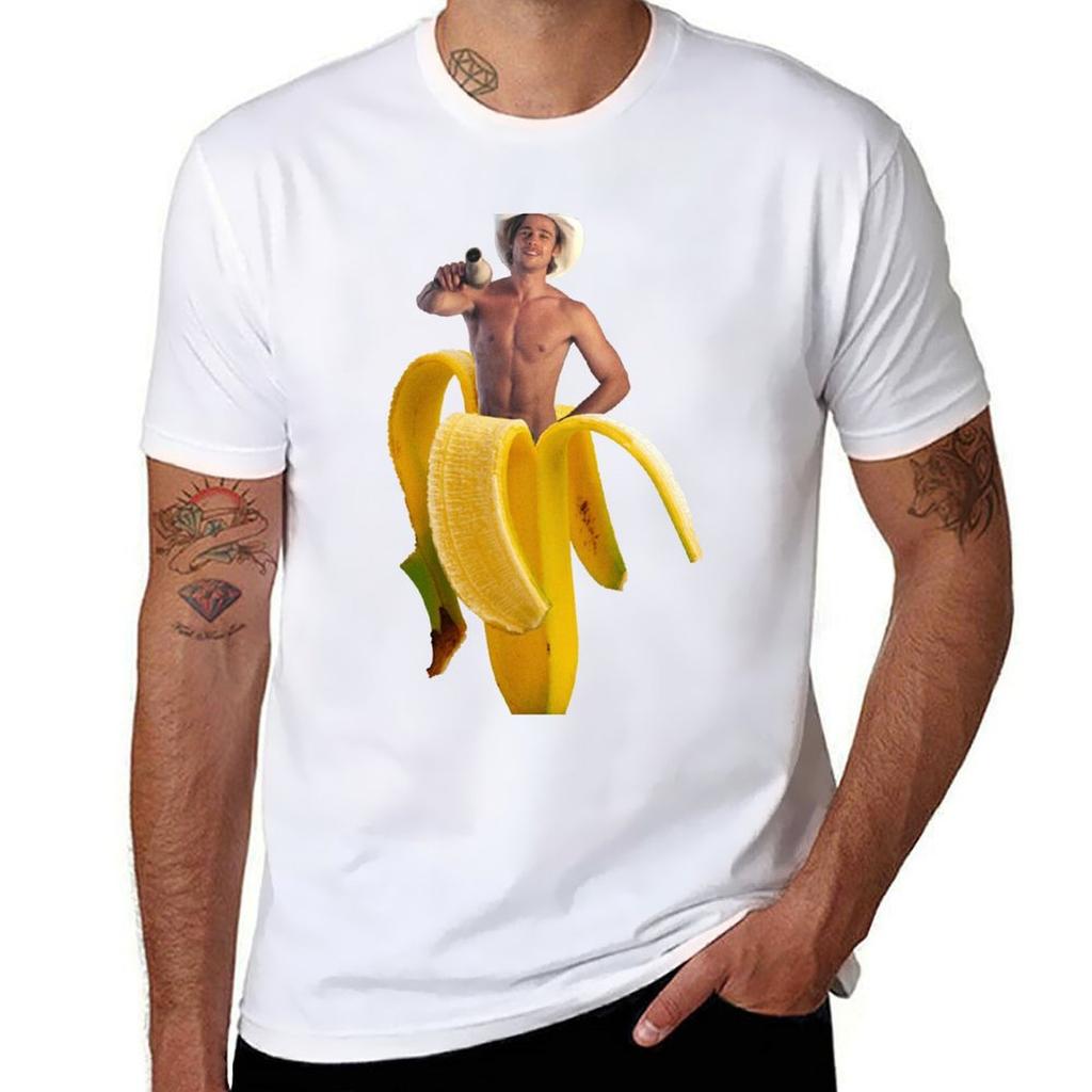 Brad Pitt Wearing Cowboy Hat In A Banana Tshirt Breathable Lightweight Summer Top