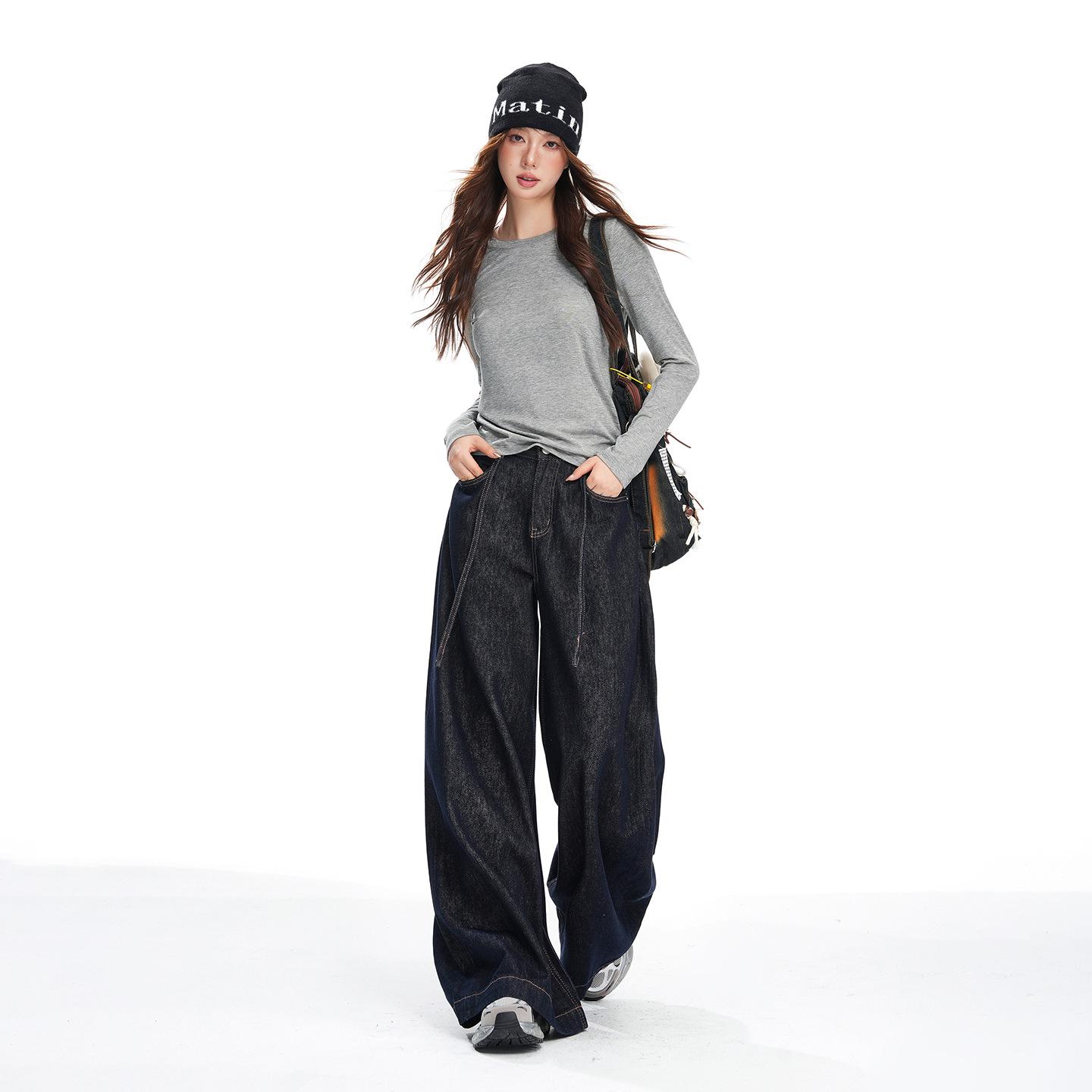 2025 Autumn/Winter American Retro Black Gold High Waist Slimming Wide-Leg Floor-Length Jeans for Women M