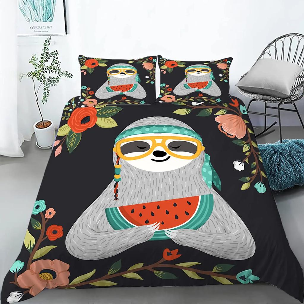 Floral Sloth Cartoon Cute Sloth Duvet Cover Flowers Sloth Animal Cover Kids Boys Girls Gifts Bedding Sets for Bedroom Decortion