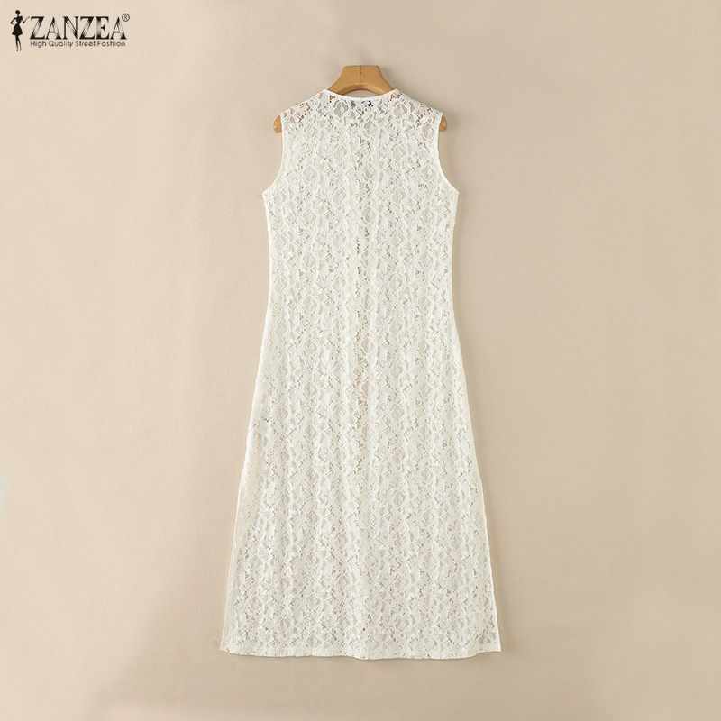 ZANZEA Women Casual Round Neck Sleeveless Lace Long Cardigan Tops