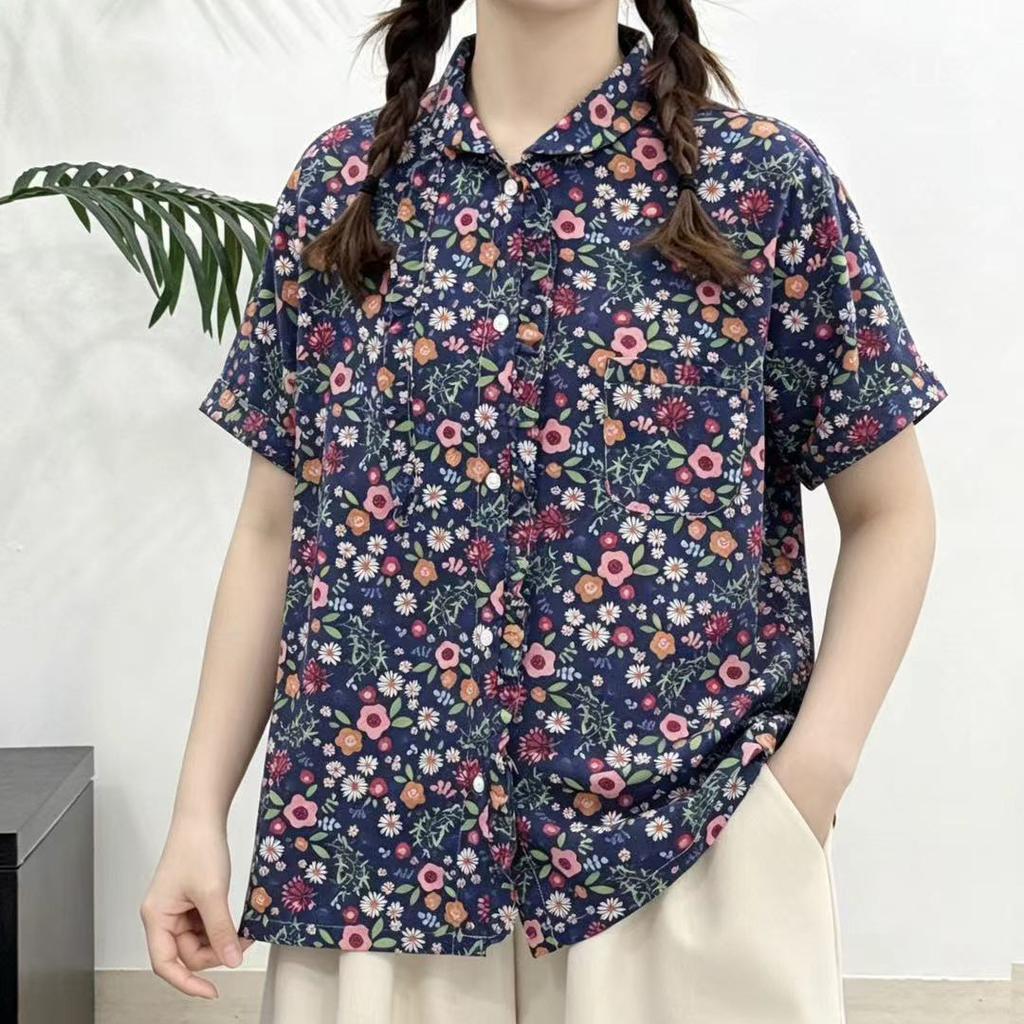 1116 Sommer Neu Damen Revers Japanisches Baumwollhemd Lockeres Hemd Oberteil Bedruckt Retro Literarischer und Künstlerischer Stil