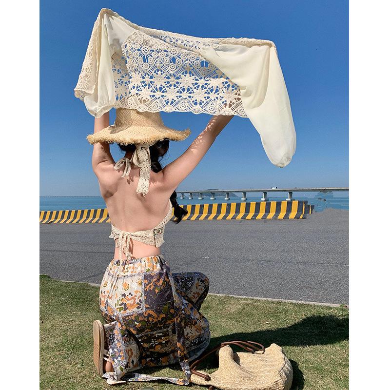 Seaside vacation suit, sexy bikini knitted suspenders + sunscreen cardigan + bohemian print wide-leg pants