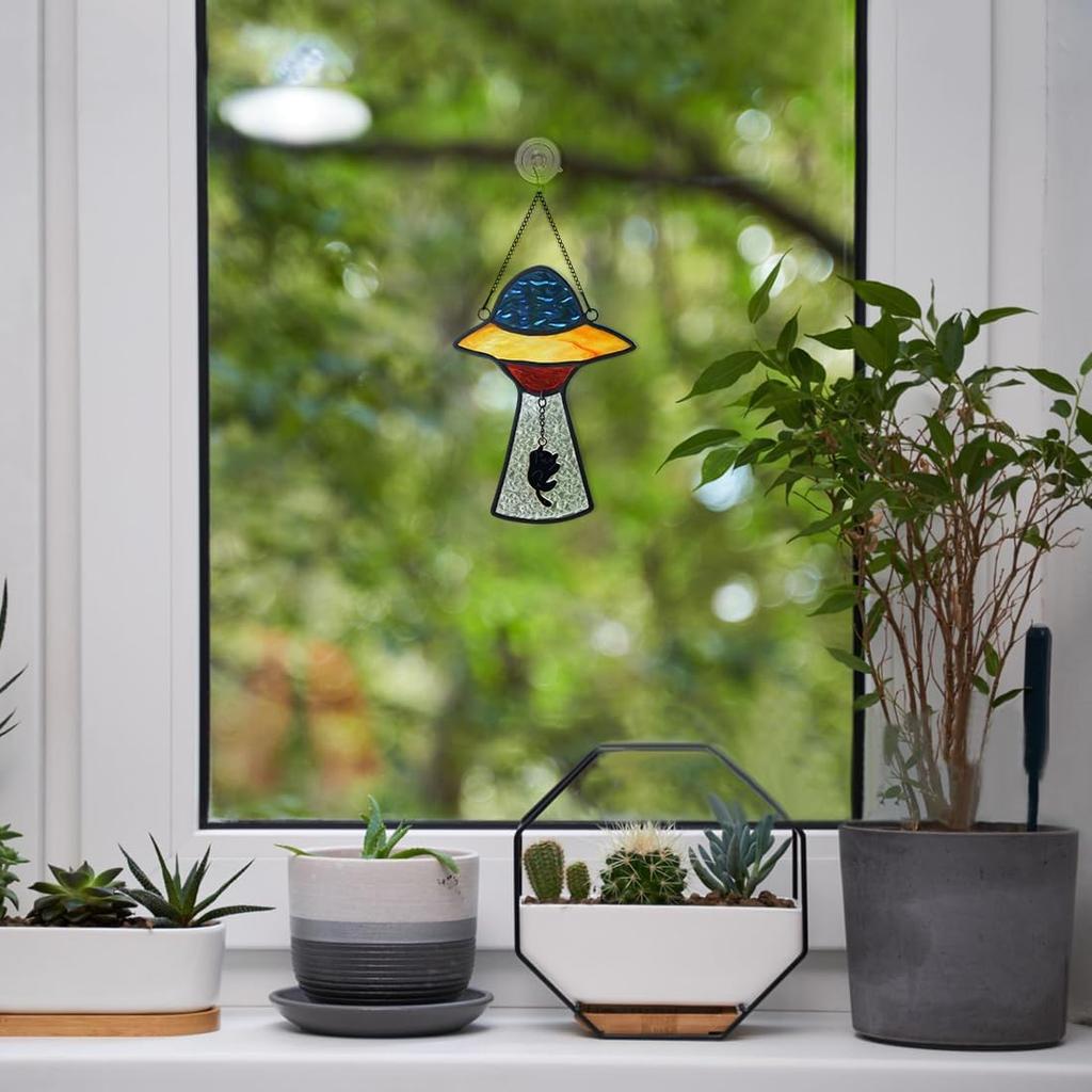 BOXCASA Alien UFO Decor - Stained Glass Window Hanging Suncatcher Showcasing a Cat Abduction Scene, Perfect Alien Lover Gift, Suitable for Alien