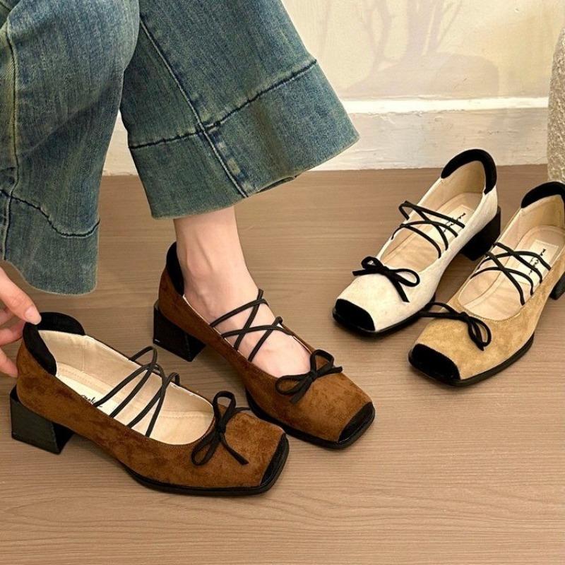 Fashion Bow 2025 Spring New Plus Size High Heeled Shoes Women Square Head Strap Fashion Dance Shoes Zapatos De Mujer