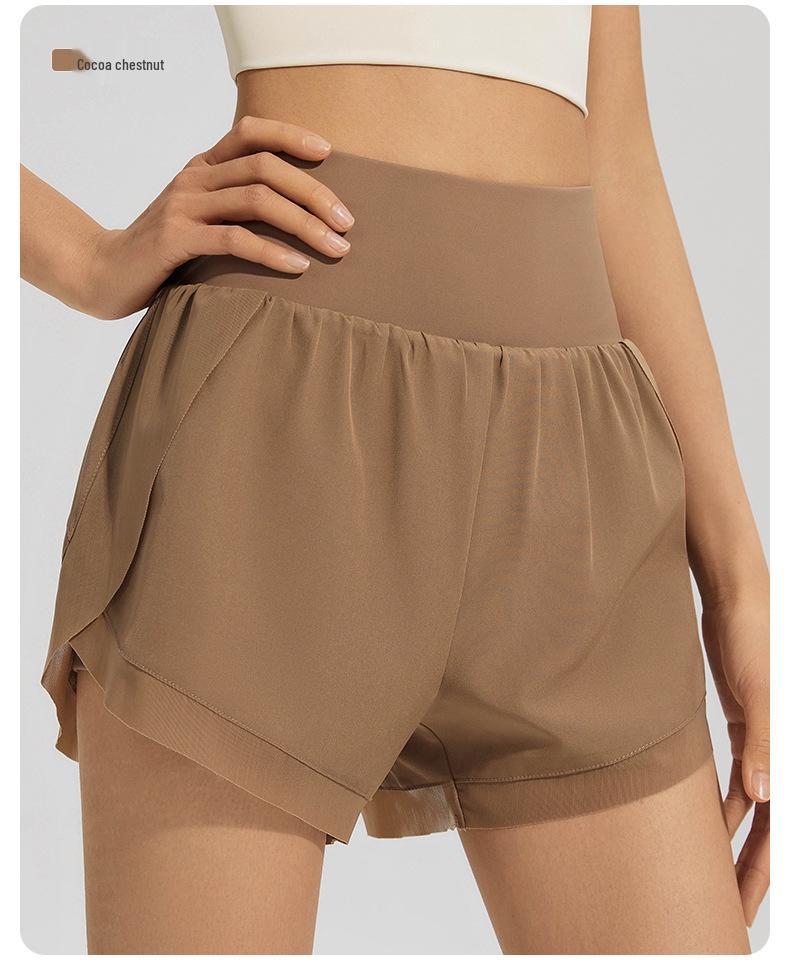 Damskie spodenki do jogi z wysokim stanem, dwuwarstwowe, z podszewką z siateczki - Odporne na prześwity, do biegania i treningu