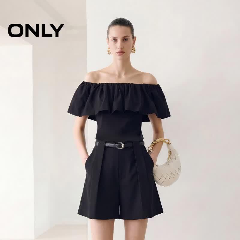 ONLY Women s Ruffle One-Shoulder Short Lace Top S