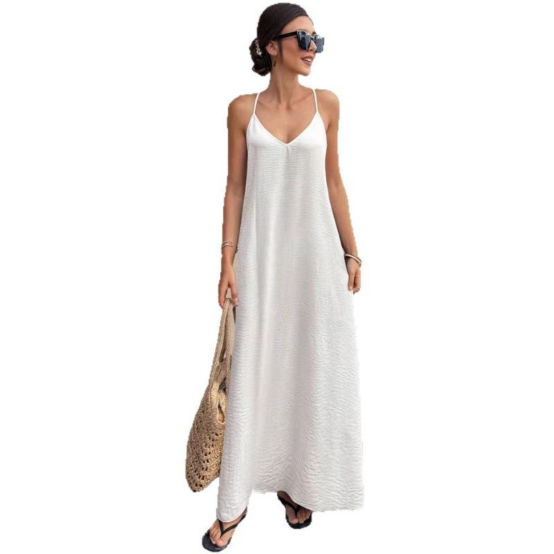 Damen Mode Lässig Einfarbige V-Ausschnitt Rückenfrei Ärmelloses Cami Langes Kleid