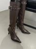 Fashion Knee High Boots Boots for Women Cool Metal Pointed Toe High Heels Fashion Western Boots Female Rivet Buckle Sexy Ladies Booties