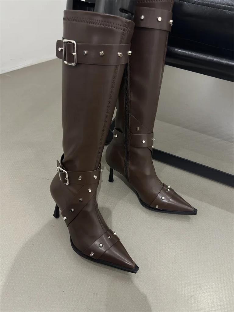 Fashion Knee High Boots Boots for Women Cool Metal Pointed Toe High Heels Fashion Western Boots Female Rivet Buckle Sexy Ladies Booties