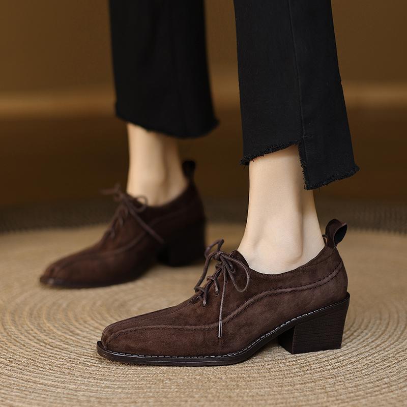 Fashion 2025 New Women Pumps Spring Autumn Office Ladies Casual Low Heels Comfortable Genuine Leather Lace-Up High-heeled Shoes Woman