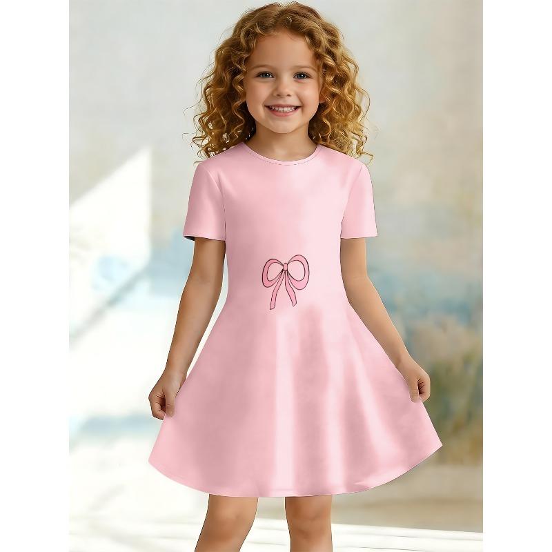 Little Girls Cute Cartoon Dinosaur Checker Number Bow Print Round Neck Short Sleeve A-Line Kids Summer Swing Dress