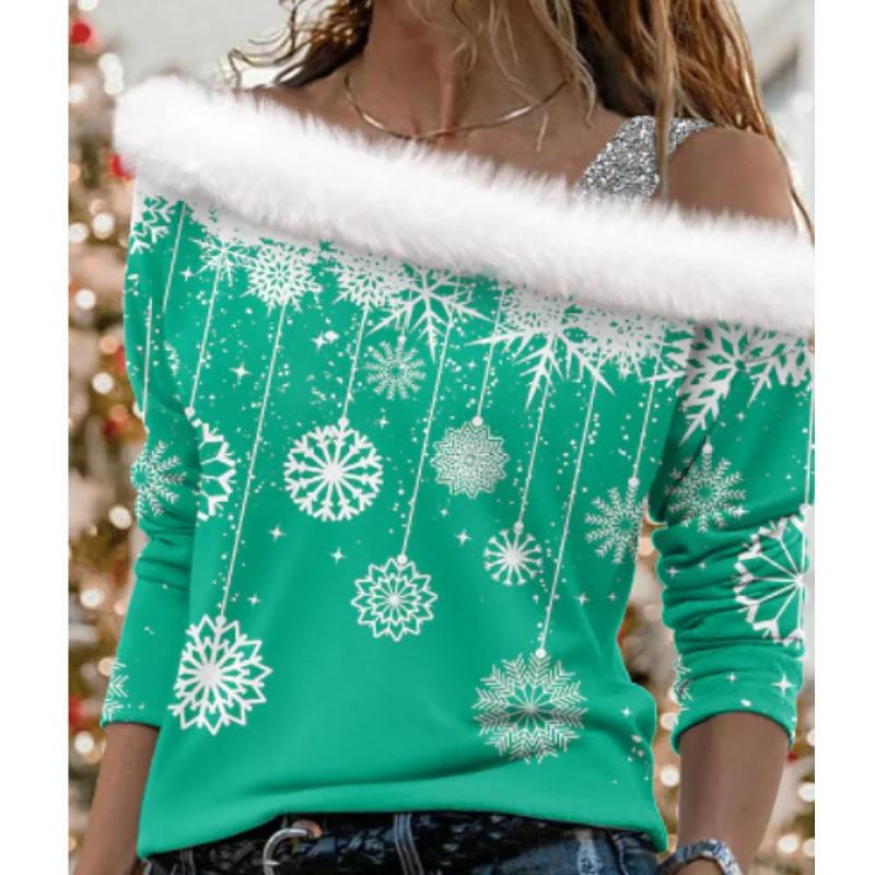 Crăciun Femei 2024 Nou Imprimeu Mânecă Lungă Guler Diagonal Pulover Femei Tricou Slim Temperament Mânecă Lungă