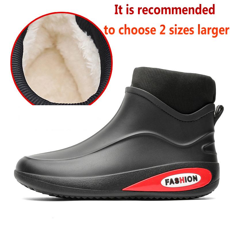 Fashion Rain Shoes Ankle Men Waterproof Shoes Rain Boots Low Top Anti-slip Wear-resistant Plush Kitchen Water Boots Fishing Rubber Shoes