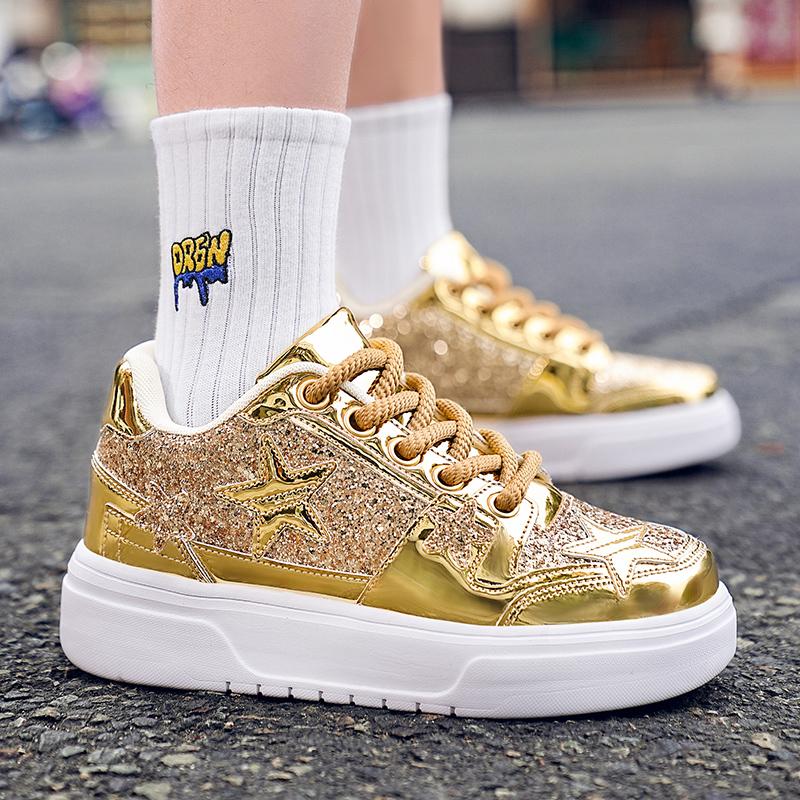 Men Sparkling Shoes Couple Lightweight Sneakers Red Gold Women’s Low Sneakers Casual School Student Plus Size