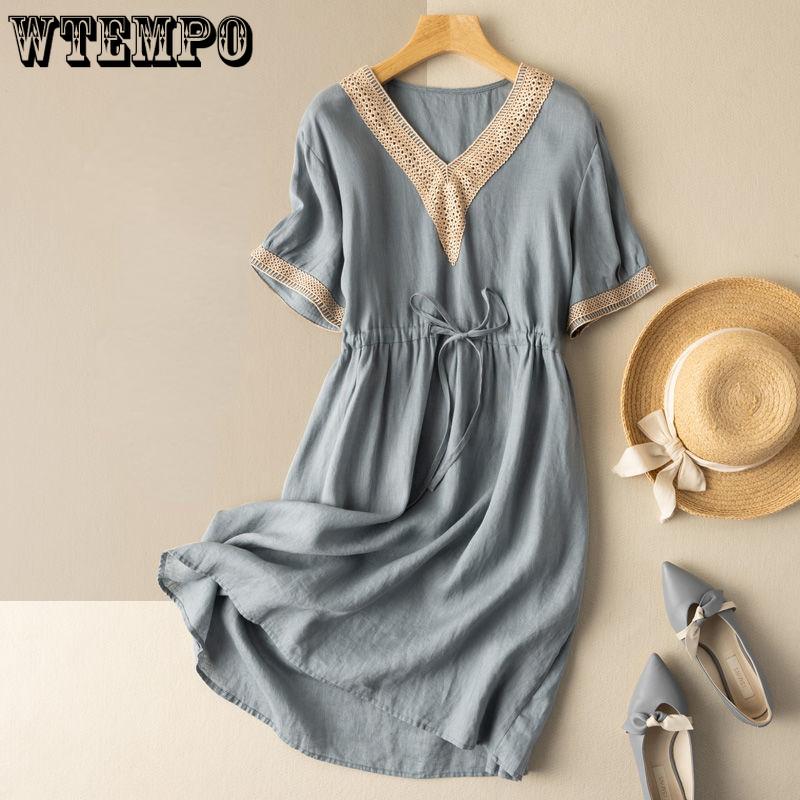 

Хлопковое платье женское свободное длинное платье с короткими рукавами литературное ретро летнее повседневное платье с v-образным вырезом