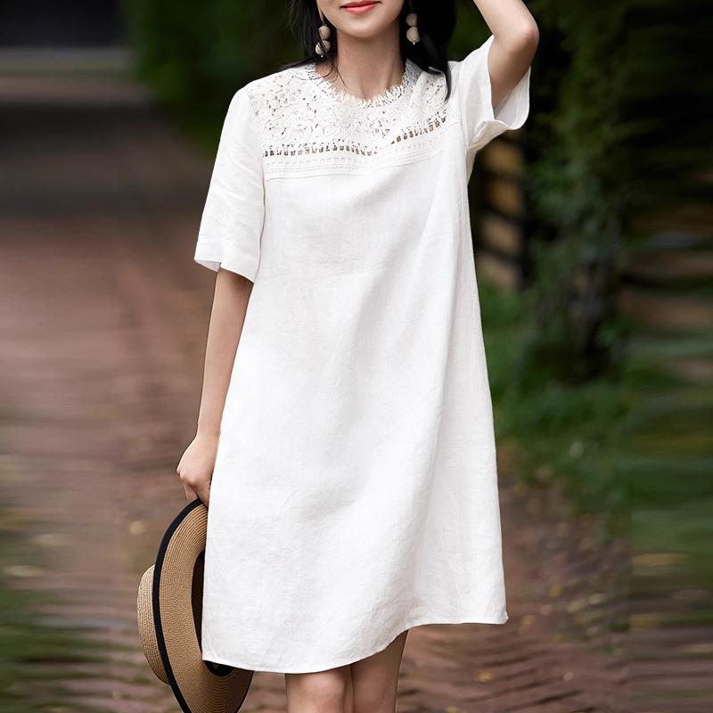 ZANZEA Abito Tunica Casual Vintage da Donna con Scollo Rotondo e Maniche Corte con Patchwork di Pizzo