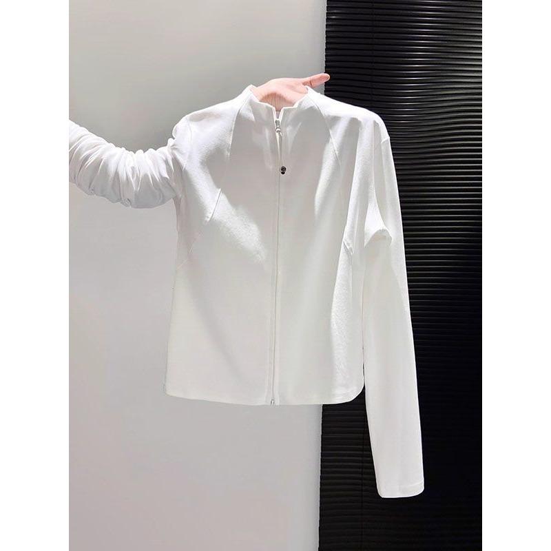 Spring Autumn Stand Collar Casual Fashion Zipper Coat Women Long Sleeve Cardigan Top Bottomed Tee T-shirt