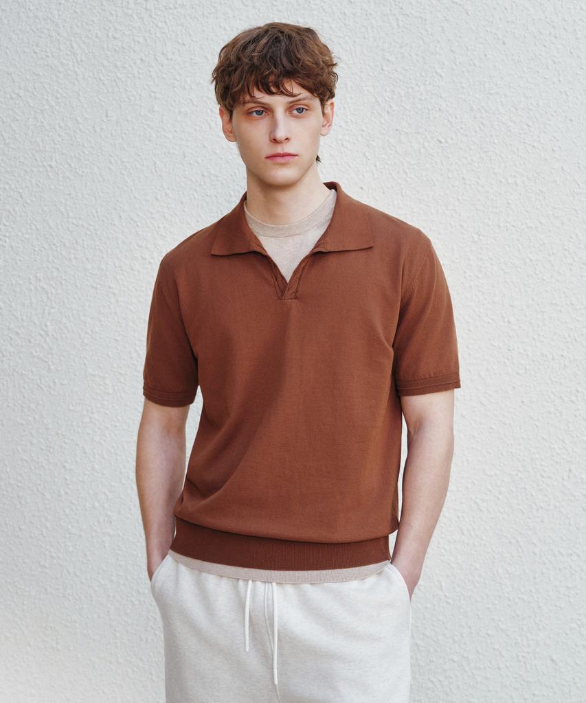 Jeilium Cotton Summer Essential Cable Polo Neck Dark Brown (Dry Touch)