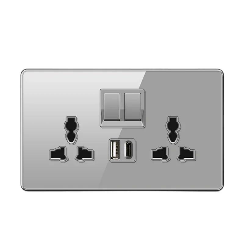 Deluxe Grey Tempered Glass Panel UK 13A Plug Electrical Socket, Double 5 Pin Socket and Switch, EU Universal USB C Wall Socket