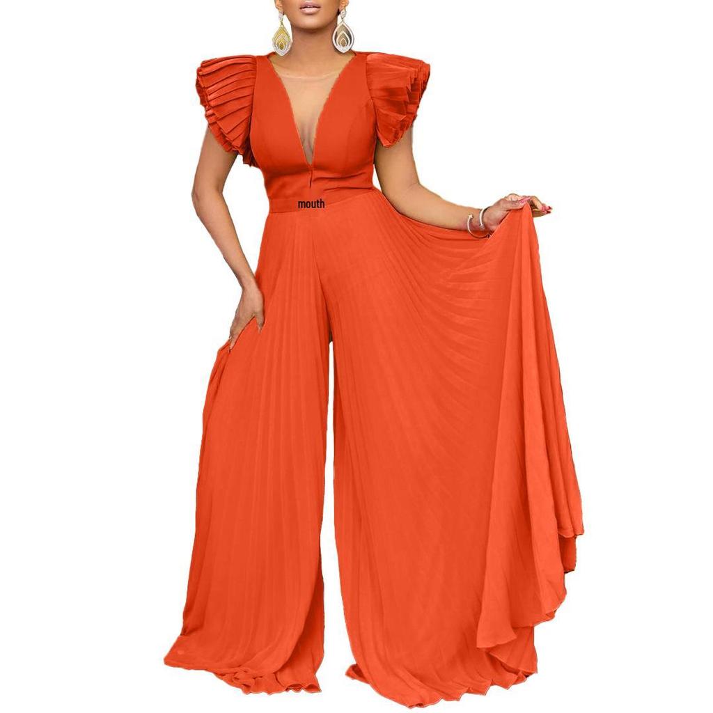 C8520P Belted Wide-Leg Deep V Pleated Jumpsuit - Plus Size European & American Style for Women