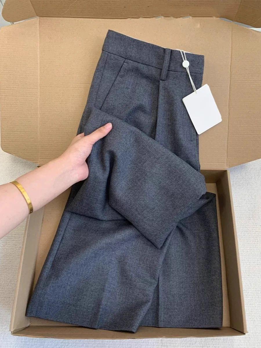 

2026 Spring/Autumn Women s Fashion Deep Gray Wool Wide-Leg Pants - Loose Fit, Long, Cotton Blend Large