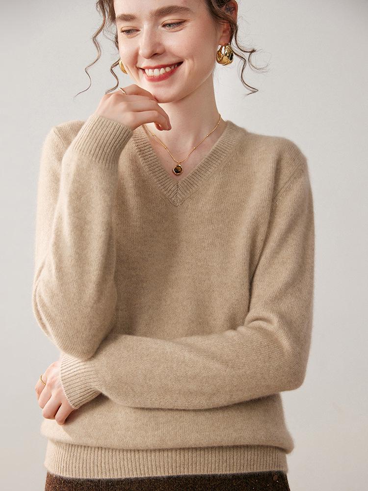 Damen Kaschmir V-Ausschnitt Pullover - Verdickte Herbst/Winter Strickware, Langarm, Überschnittene Schulter, Sieben-Stich Pullover Basisschicht.