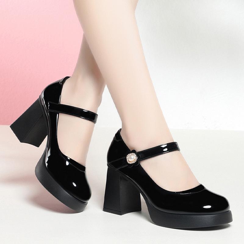 College Style Thick Sole Waterproof Platform Sweet Shoes Thick Heel Women One-word Buckle High-heeled Soft Leather Shoes