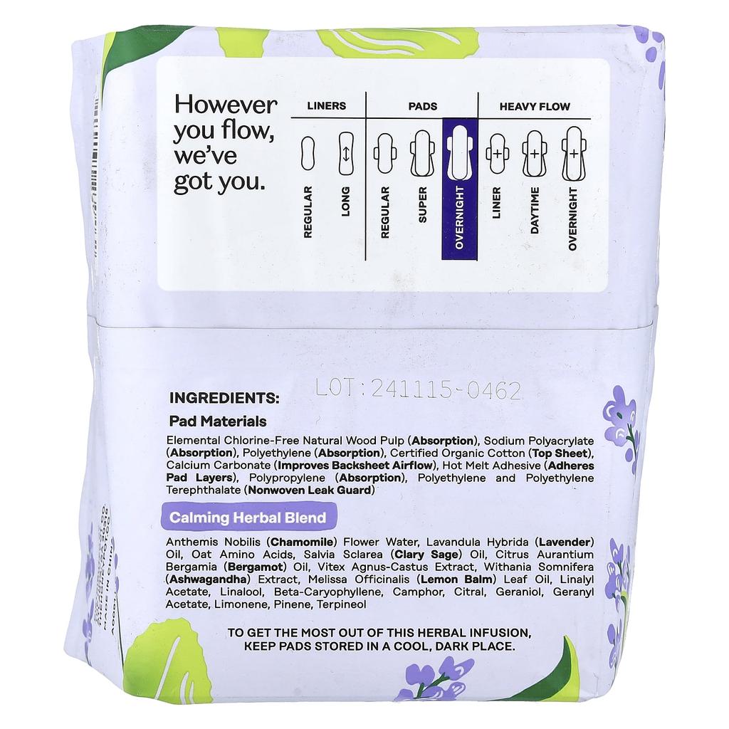 The Honey Pot Company Organic Calming Herbal Infusion, Winged Pads, Overnight, 12-Count