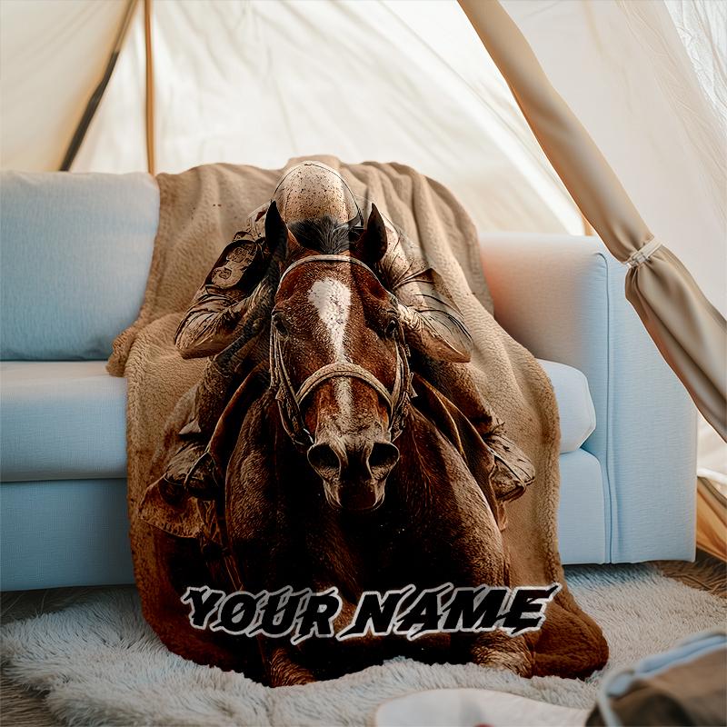 1PC Custom Name Rider Horse Action outdooor Flannel blankets Throw Blanket All-Season Throw Gift Bedspread for Couch, Bed, Camping Holiday Birthda