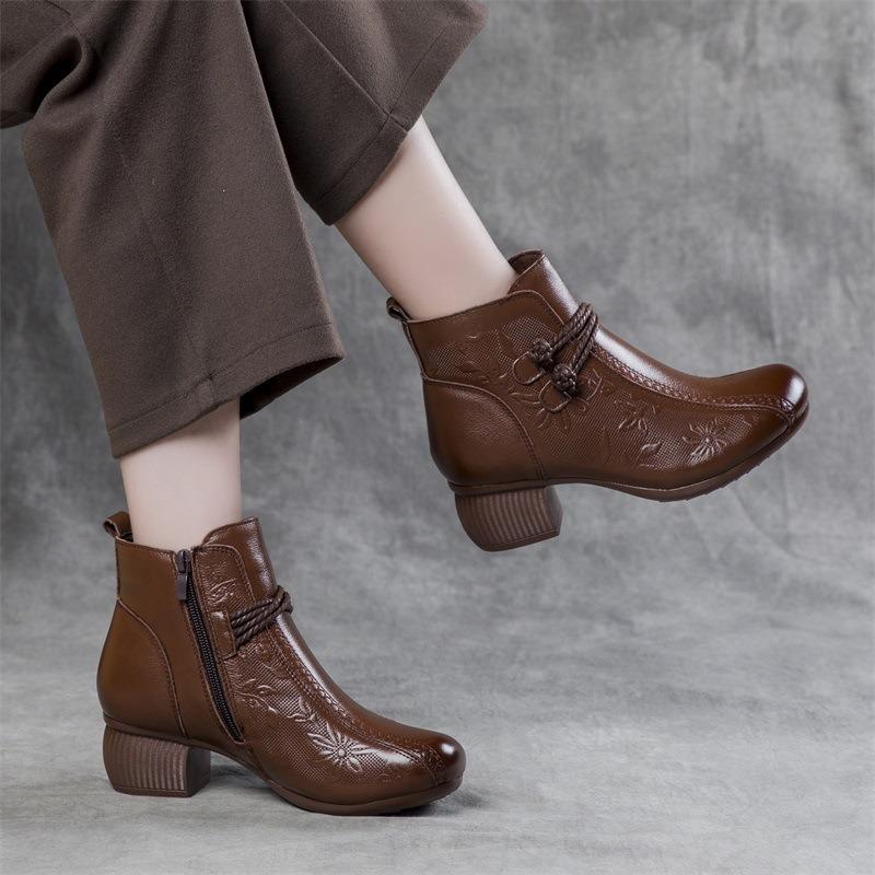 Autumn and Winter New Leather Women's Boots Retro Non-slip Soft-soled Mother Cotton Shoes Embossed Warm Thick Heel Martin Boots