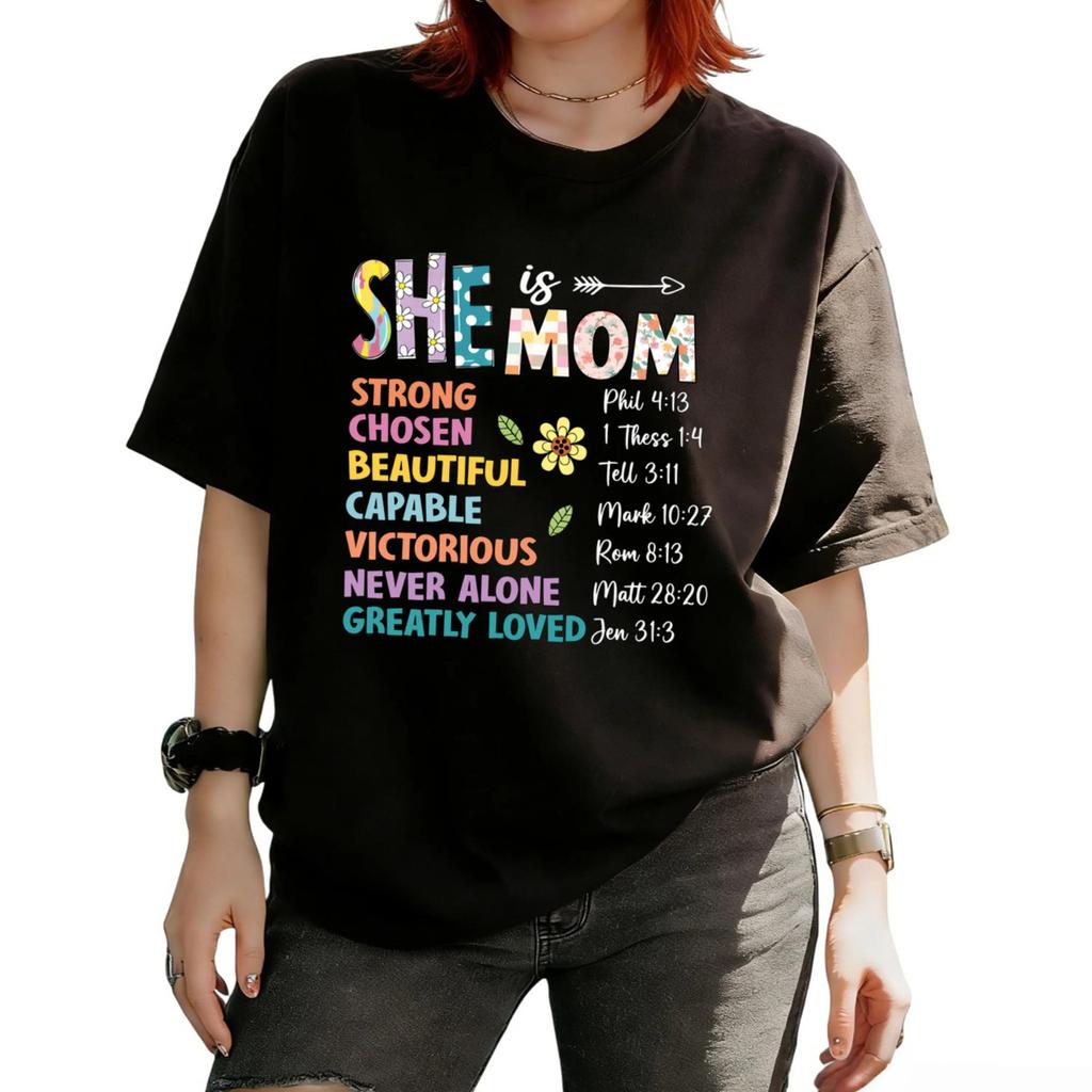 Floral Christian Mom Shirt She Is Strong Mother’s Day Tee for Women 100% Cotton