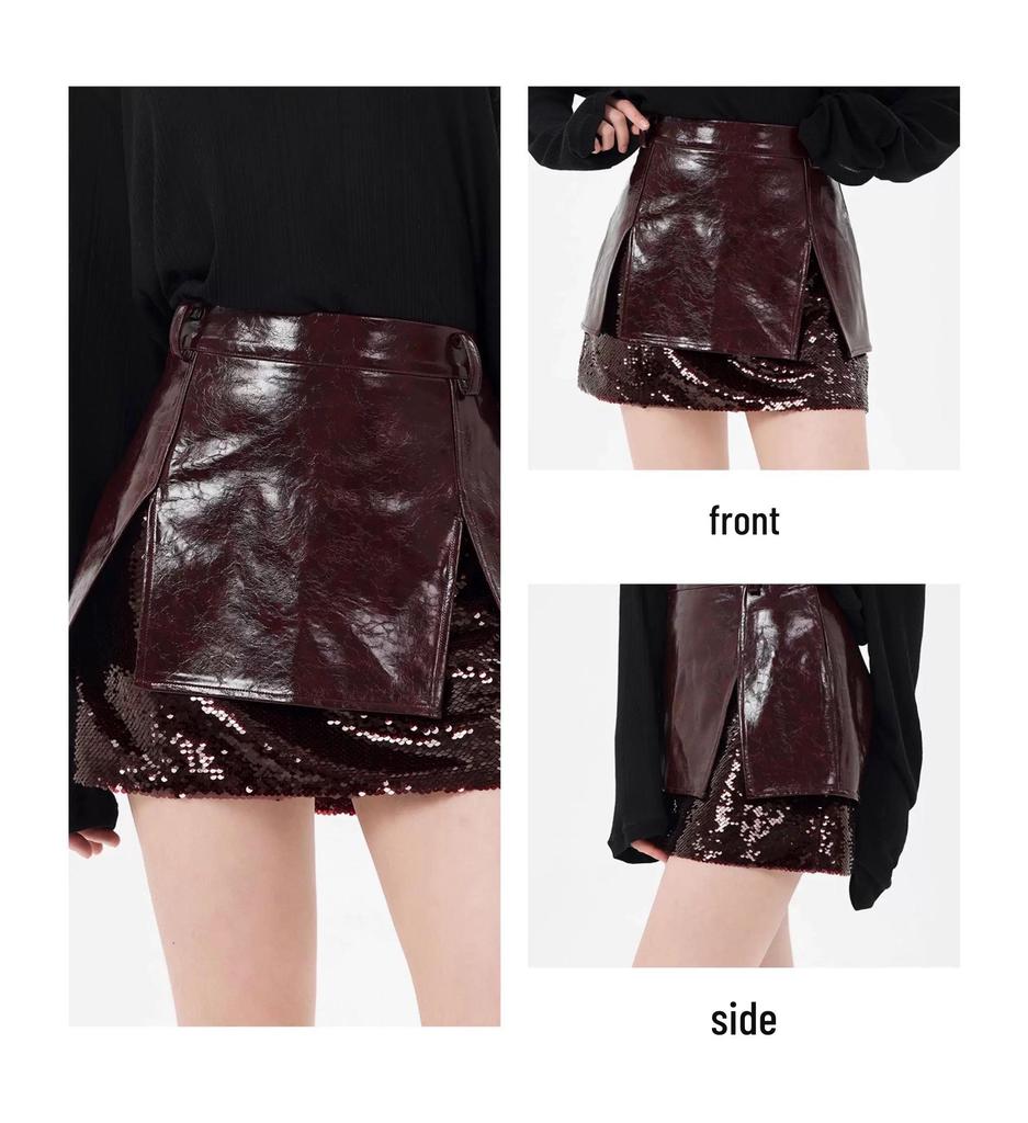Niche Design Sequin A-line Wine Red Leather Skirt 2026: Women's Slimming Spring/Summer Fashion