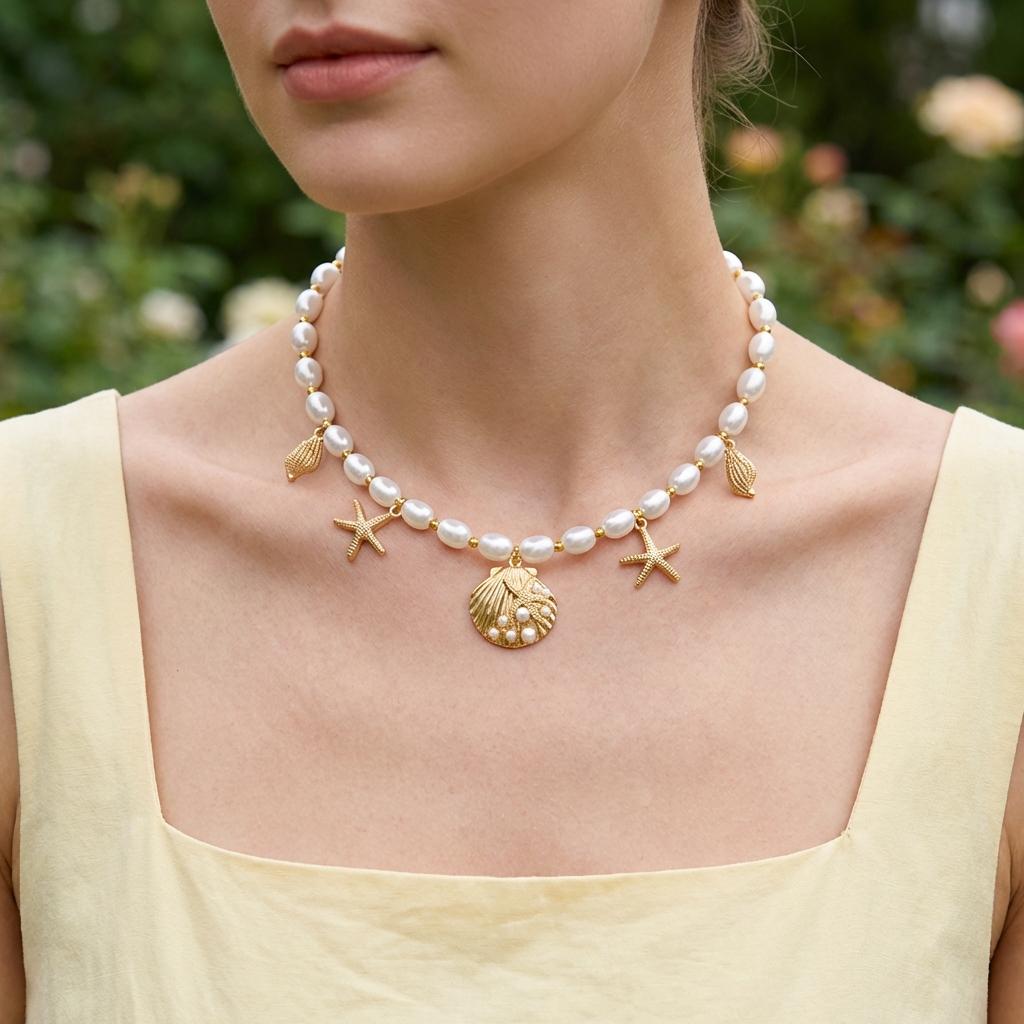 Trendy Elegant Imitation Pearl Metal Pendant Necklace for Women Ocean Shell Starfish Conch Choker Necklace Vacation Jewelry Gift