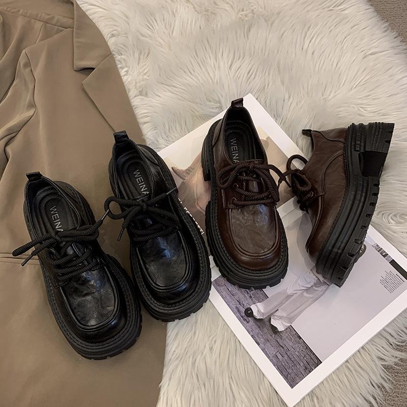 Thick-soled Heightening Loafers Women's 2025 New Spring and Autumn Women's Shoes Lace-up Round Head Single Shoes Popular British Small Leather Shoes