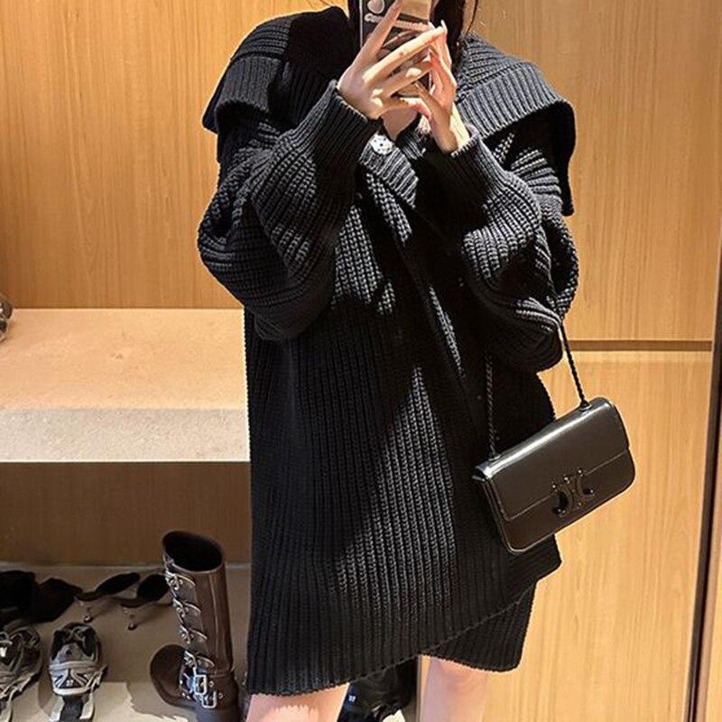 Herbst Schwarz Revers Gestrickte Pullover Jacke Frauen Vintage Lose Beiläufige Strickjacke Frauen Mode Träge Stil Winter Pullover 28527