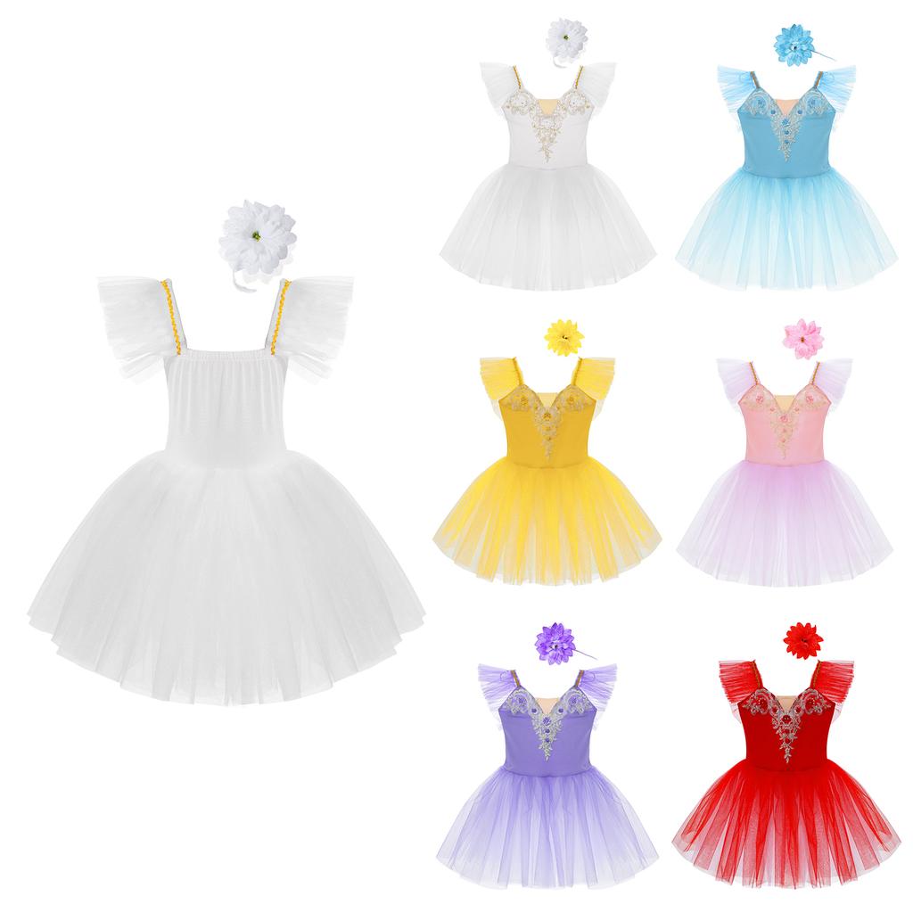 Girls Princess Tutu Dress with Flying Sleeves & Lace Flower Decor, Adjustable Spaghetti Straps, Mesh Skirt + Headdress for Dance Party